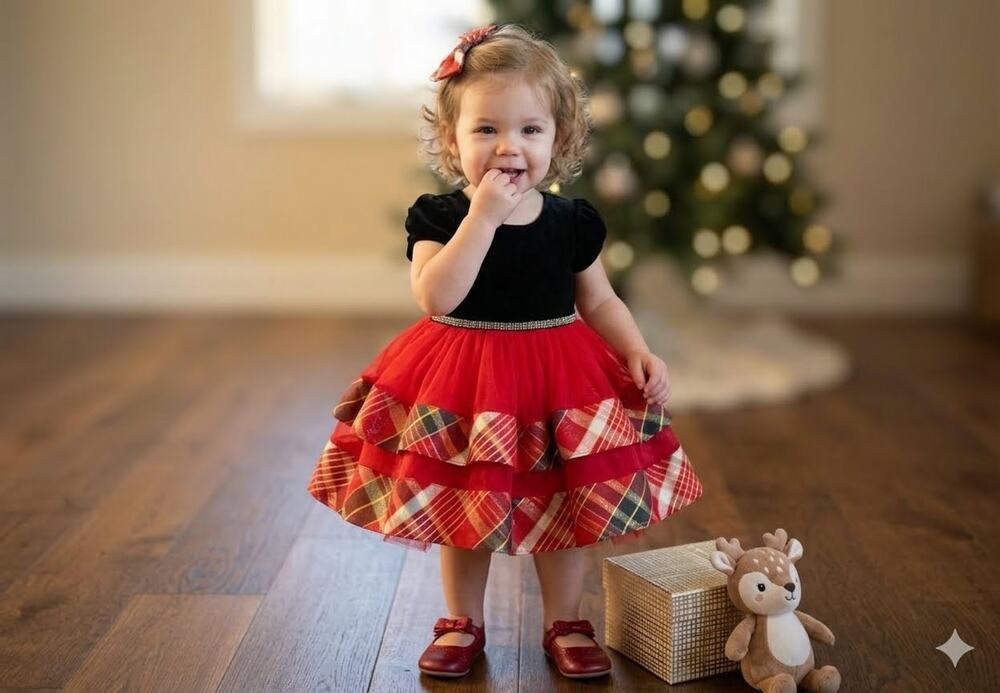 NEW! Bonnie Jean Christmas Girls Velvet to Tiered Plaid Holiday Dress Size 18M